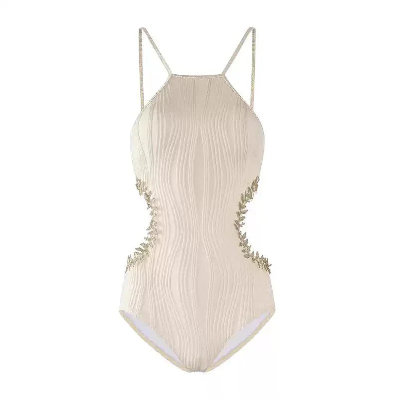 Beige Embellished Side Cutout Monokini Swimwear By