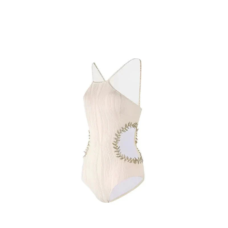 Beige Embellished Side Cutout Monokini Swimwear By