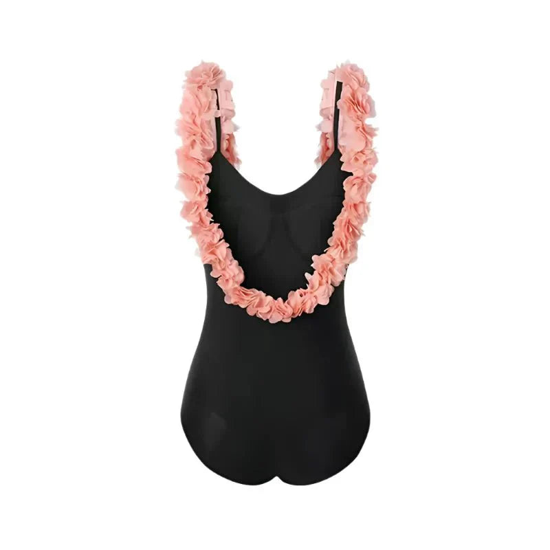 Black Backless Monokini With 3D Flower Swimwear By