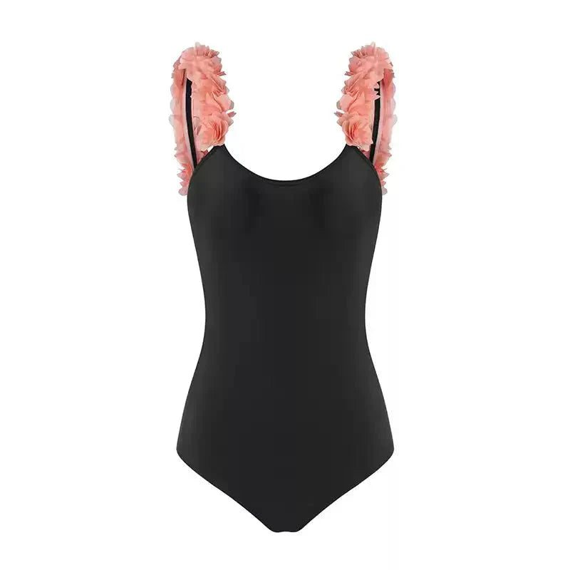 Black Backless Monokini With 3D Flower Swimwear By