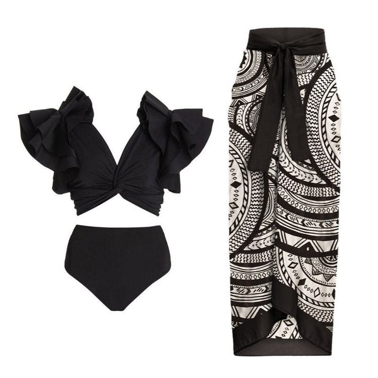 Black Ruffle Sleeves High Waisted Two Piece Swim Wear With Printed Sarong By