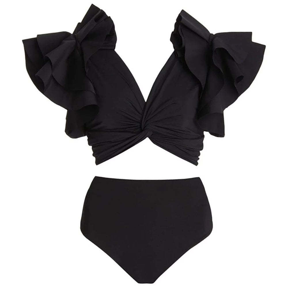 Black Ruffle Sleeves High Waisted Two Piece Swim Wear With Printed Sarong By