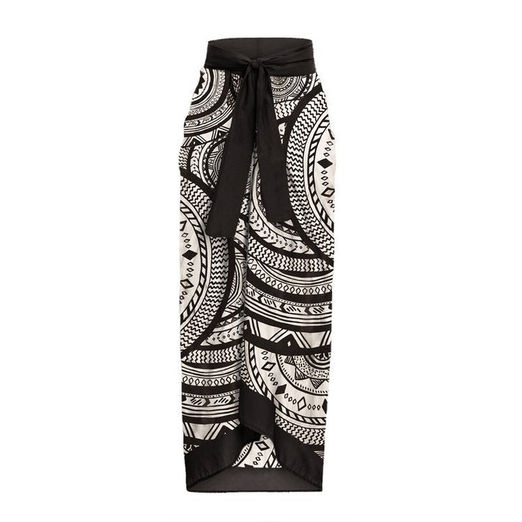 Black Ruffle Sleeves High Waisted Two Piece Swim Wear With Printed Sarong By
