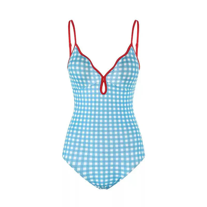 Blue Gingham Design With Red Straps Monokini By
