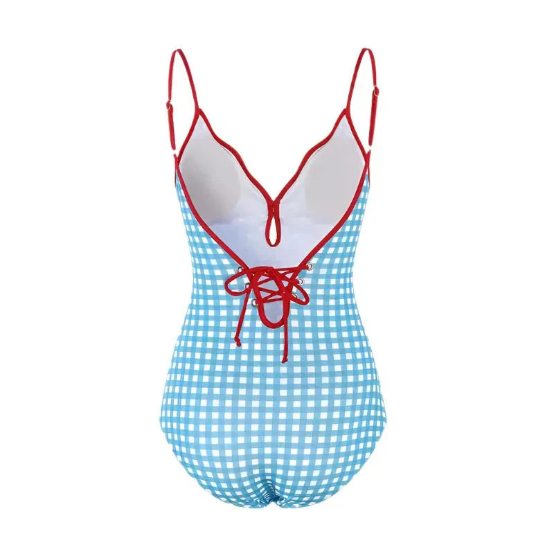 Blue Gingham Design With Red Straps Monokini By