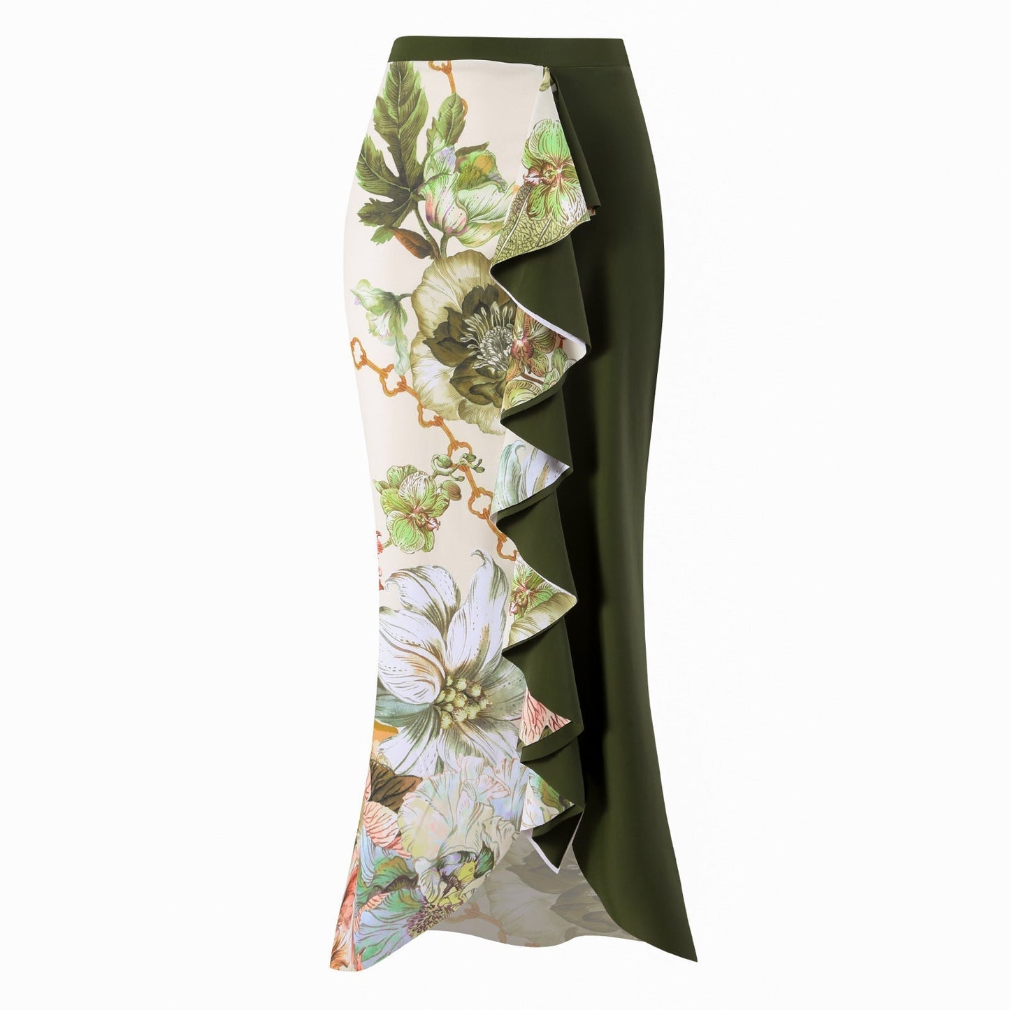 Dark Green Floral High Waisted Two Piece Swimsuit With Ruffled Pencil Skirt by