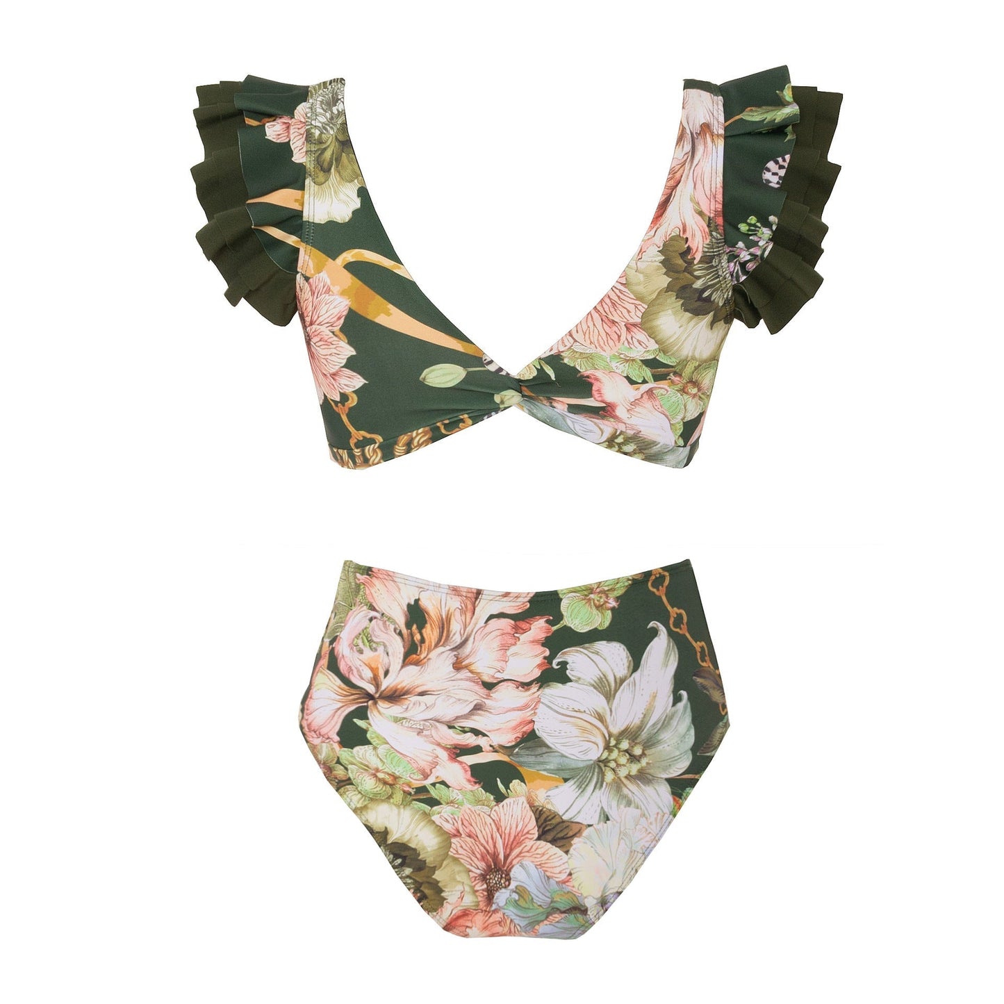 Dark Green Floral High Waisted Two Piece Swimsuit With Ruffled Pencil Skirt by