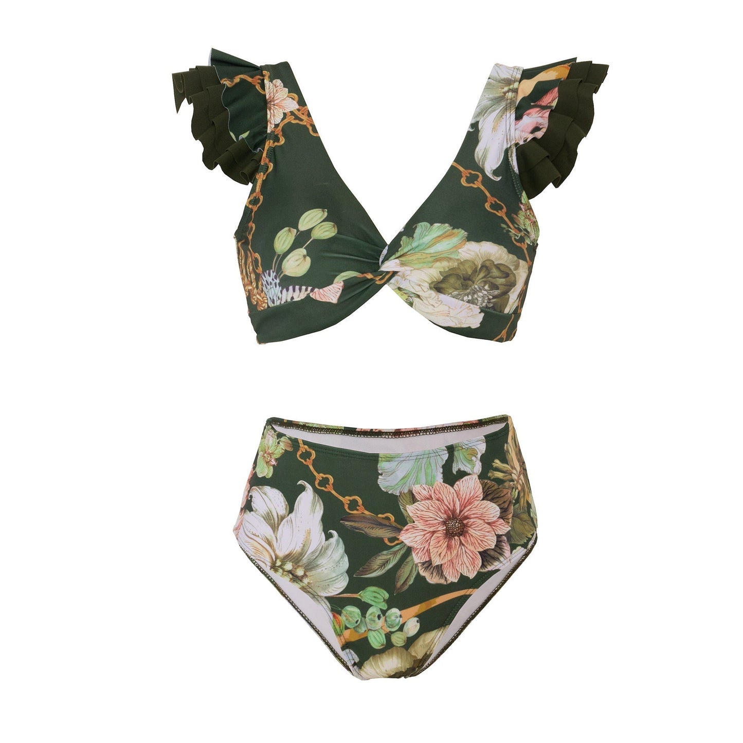 Dark Green Floral High Waisted Two Piece Swimsuit With Ruffled Pencil Skirt by