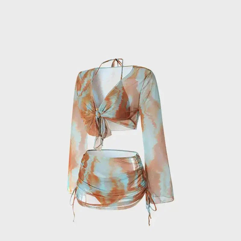 Dual Color Two Piece Tie Bikini With Shrug And Ruched Skirt Coverup By