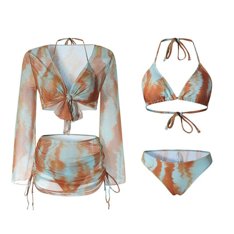 Dual Color Two Piece Tie Bikini With Shrug And Ruched Skirt Coverup By
