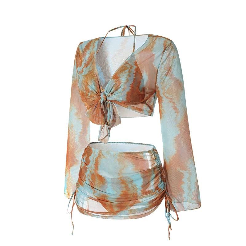 Dual Color Two Piece Tie Bikini With Shrug And Ruched Skirt Coverup By