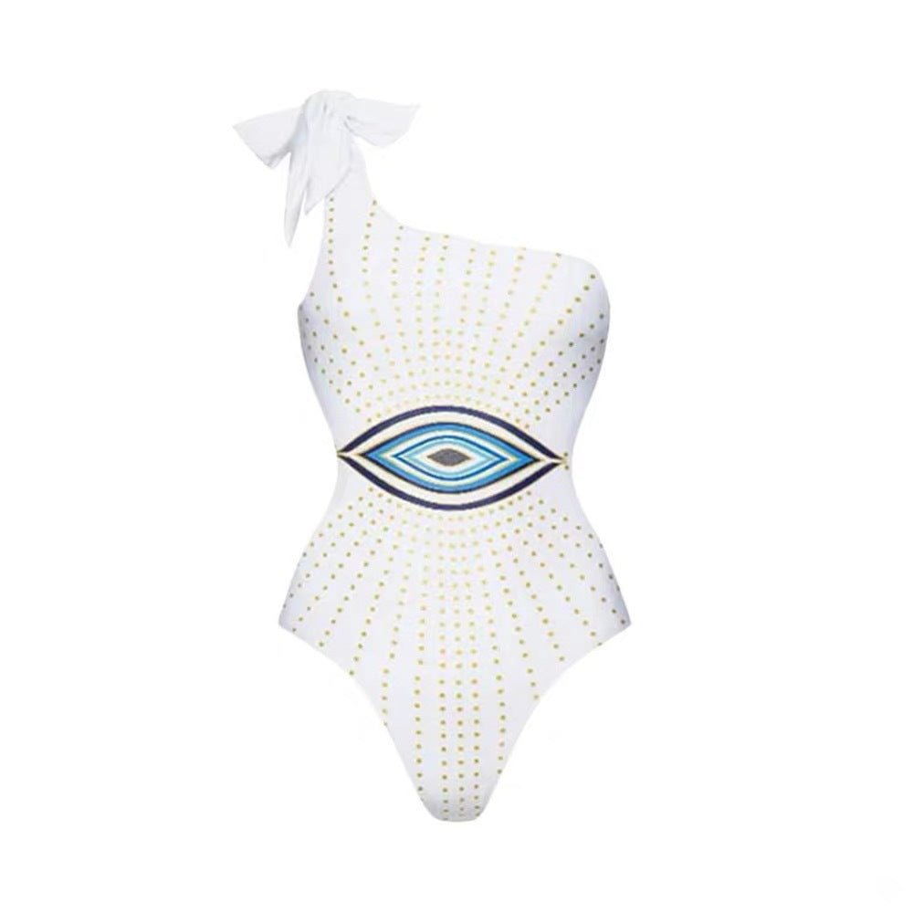 Evil Eye One Shoulder Monokini Swimwear with Flared Skirt By