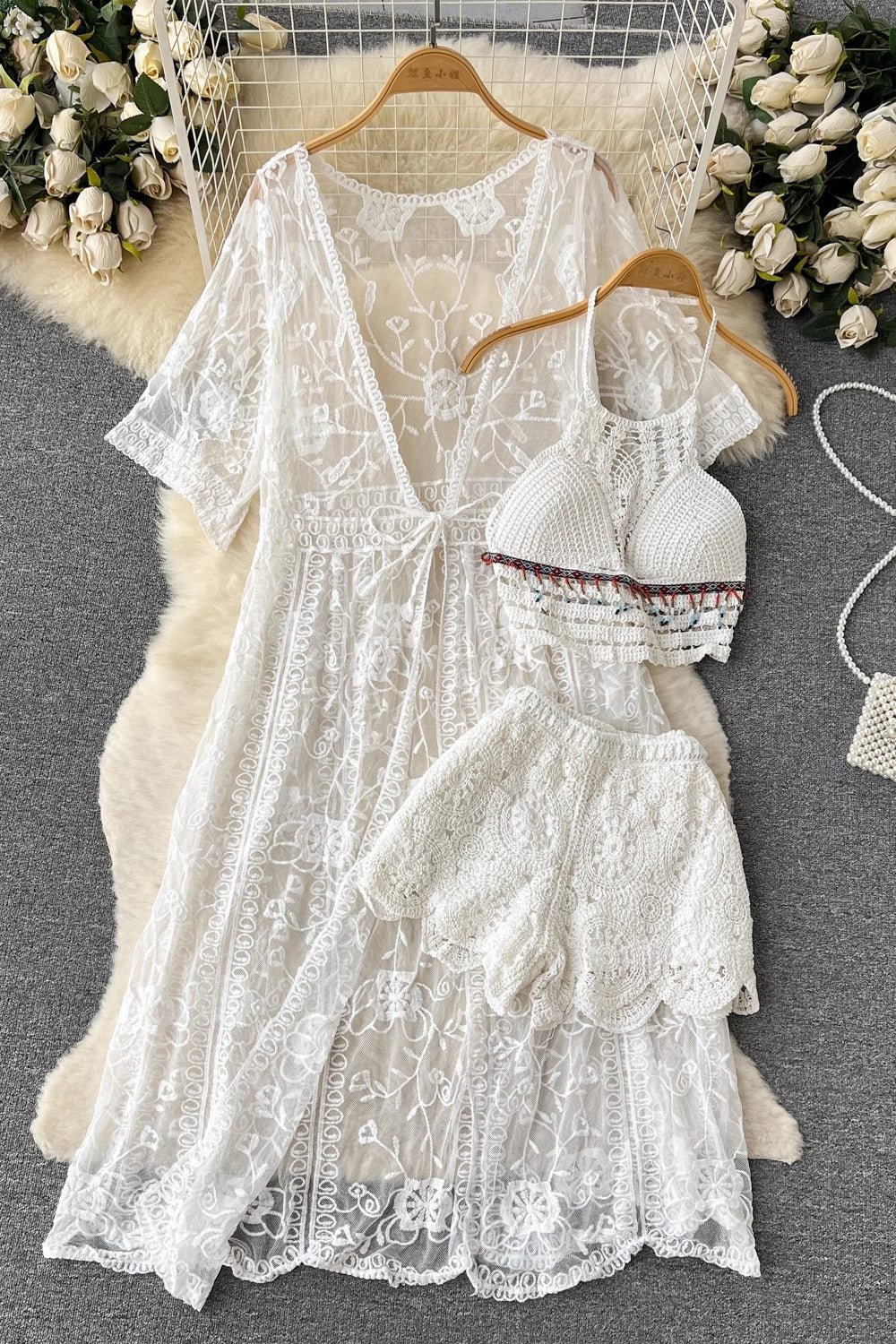 Three Piece Crochet Co-ord Beach Resort Set - Three Piece Beach Set By