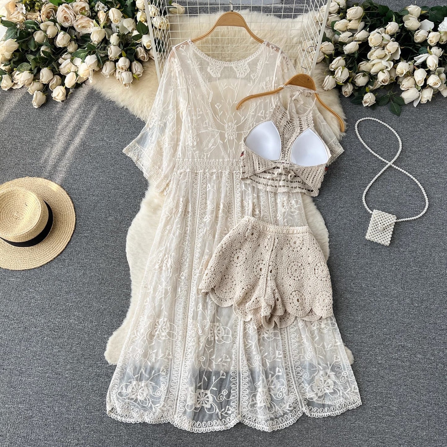 Three Piece Crochet Co-ord Beach Resort Set - Three Piece Beach Set By