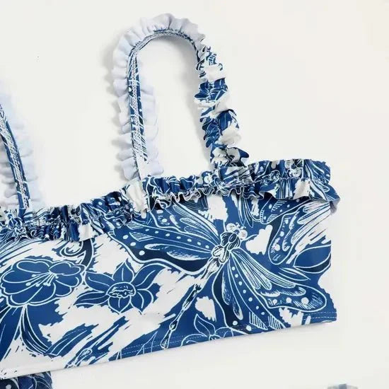 Floral Blue Straight Neck High Waisted Swim Wear With Flare Skirt By