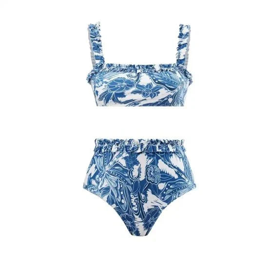 Floral Blue Straight Neck High Waisted Swim Wear With Flare Skirt By