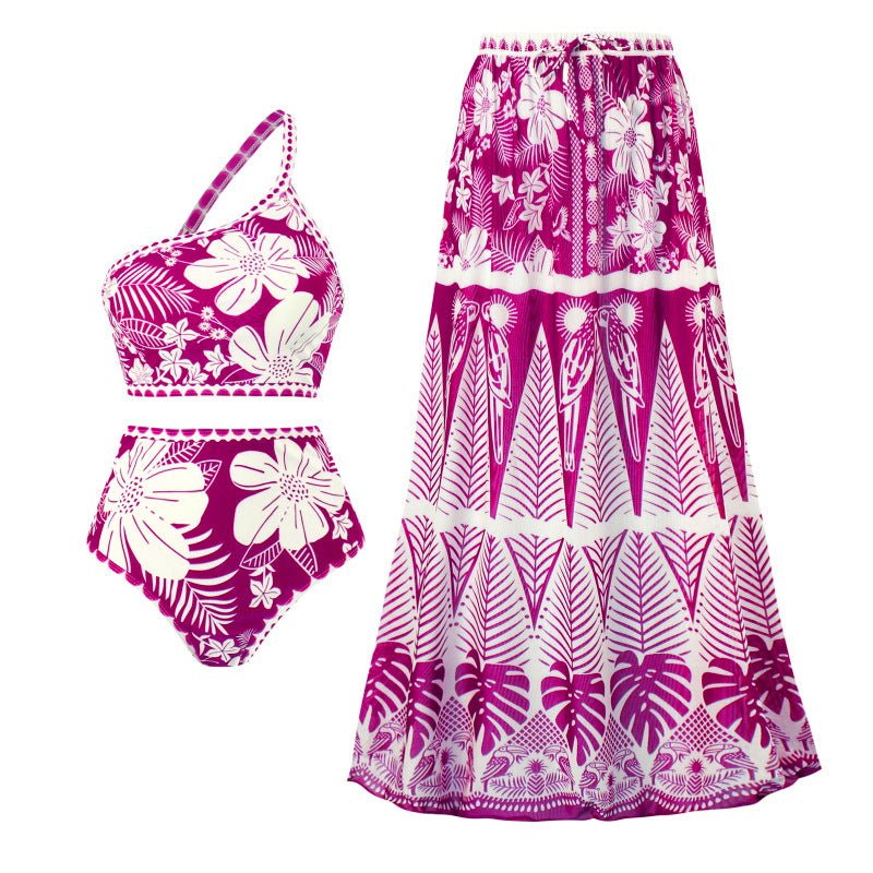 Floral One Shoulder High Waist Bikini Swimwear With Coverup Skirt By