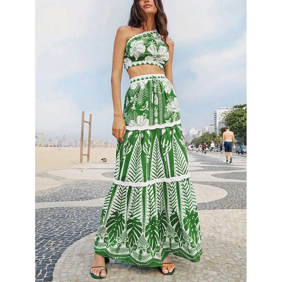 Floral One Shoulder High Waist Bikini Swimwear With Coverup Skirt By