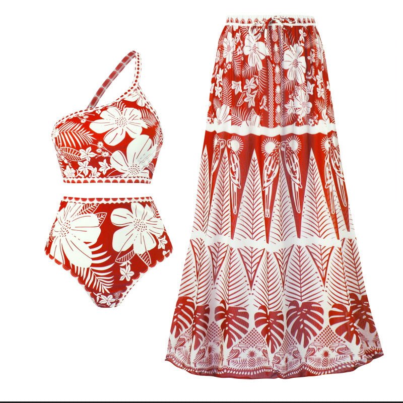 Floral One Shoulder High Waist Bikini Swimwear With Coverup Skirt By