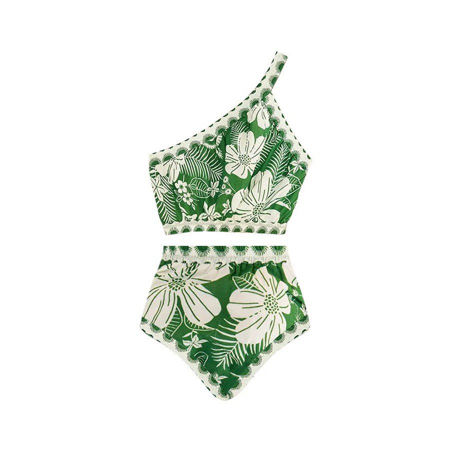 Floral One Shoulder High Waist Bikini Swimwear With Coverup Skirt By