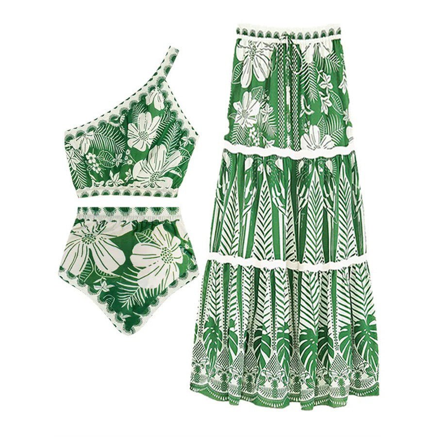 Floral One Shoulder High Waist Bikini Swimwear With Coverup Skirt By
