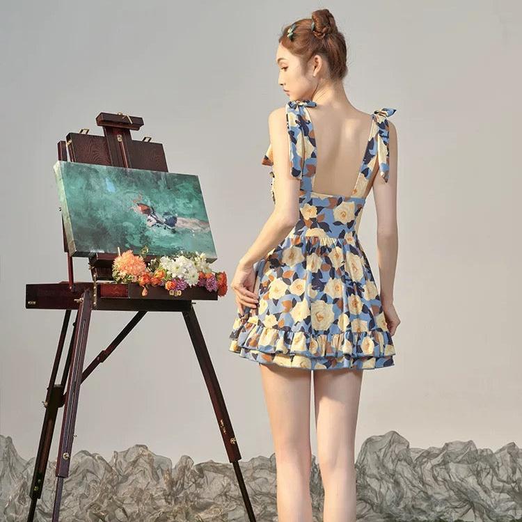 Floral Print Tieup Sleeves Swim Wear Dress By