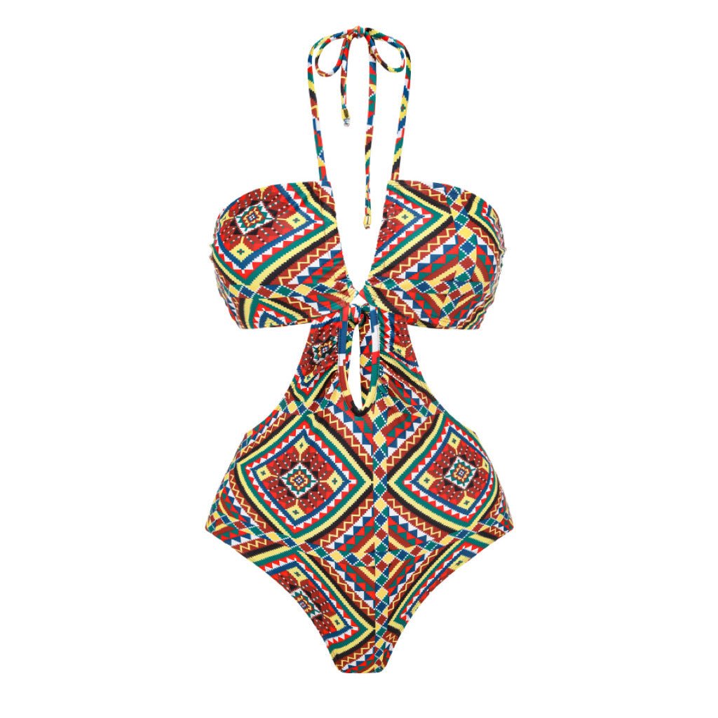 Geometric Design Monokini backless Tieup With Sarong Skirt By