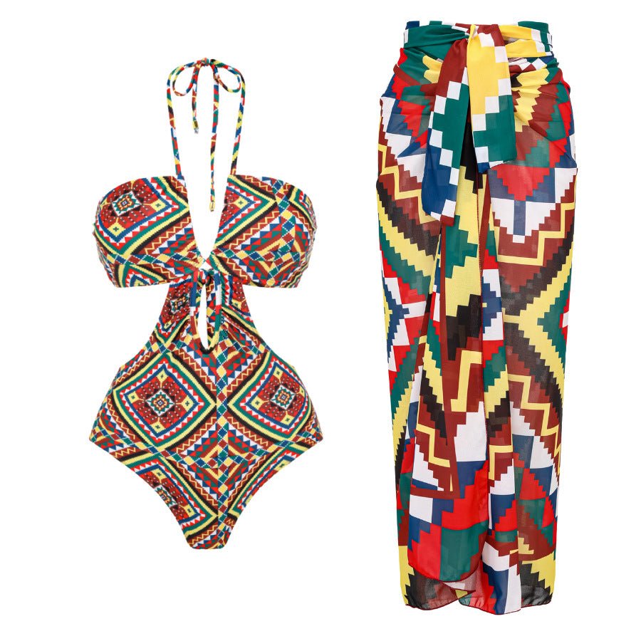 Geometric Design Monokini backless Tieup With Sarong Skirt By