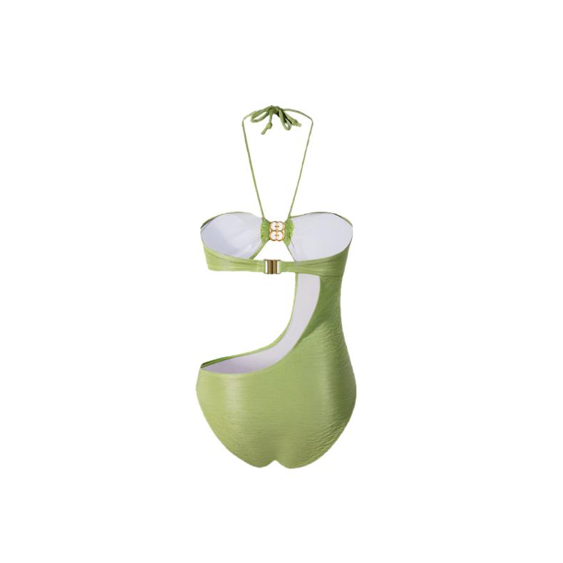 Green Monokini Cutout Halter Neck Swimwear By