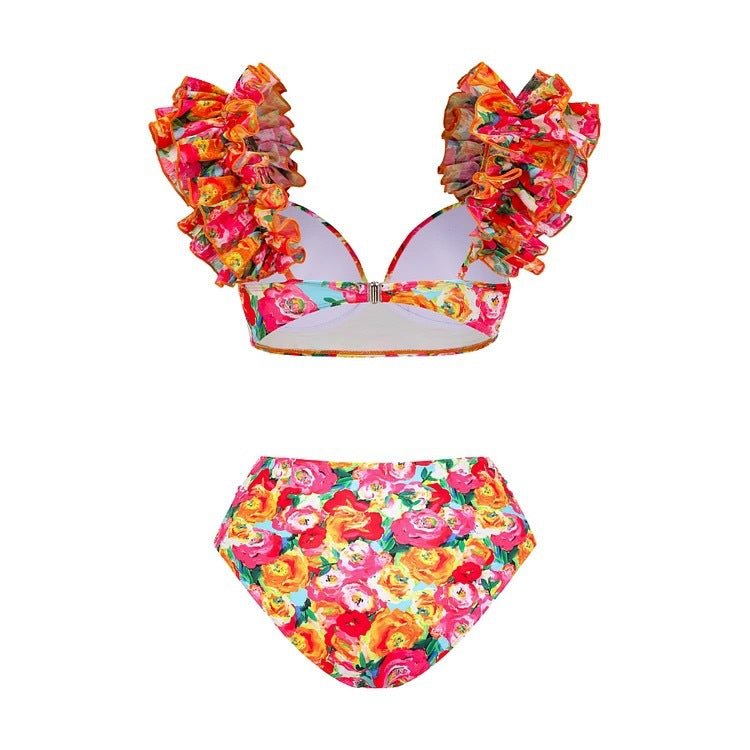 High Waist Floral Two Peice Bikini Set WIth Ruffle Skirt By