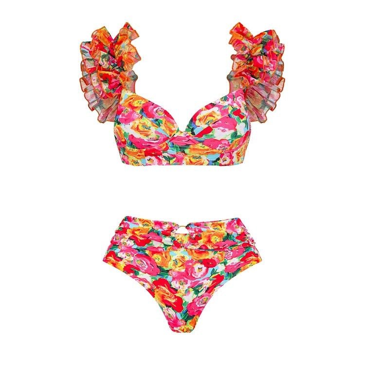 High Waist Floral Two Peice Bikini Set WIth Ruffle Skirt By