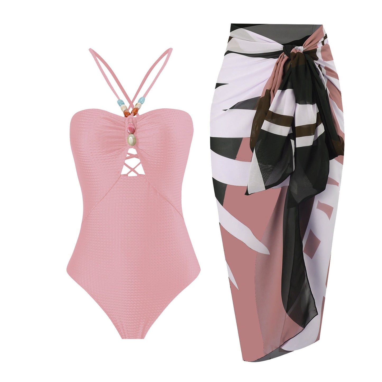 Monokini Back Tieup Solid Color Swimsuit with Floral Sarong By