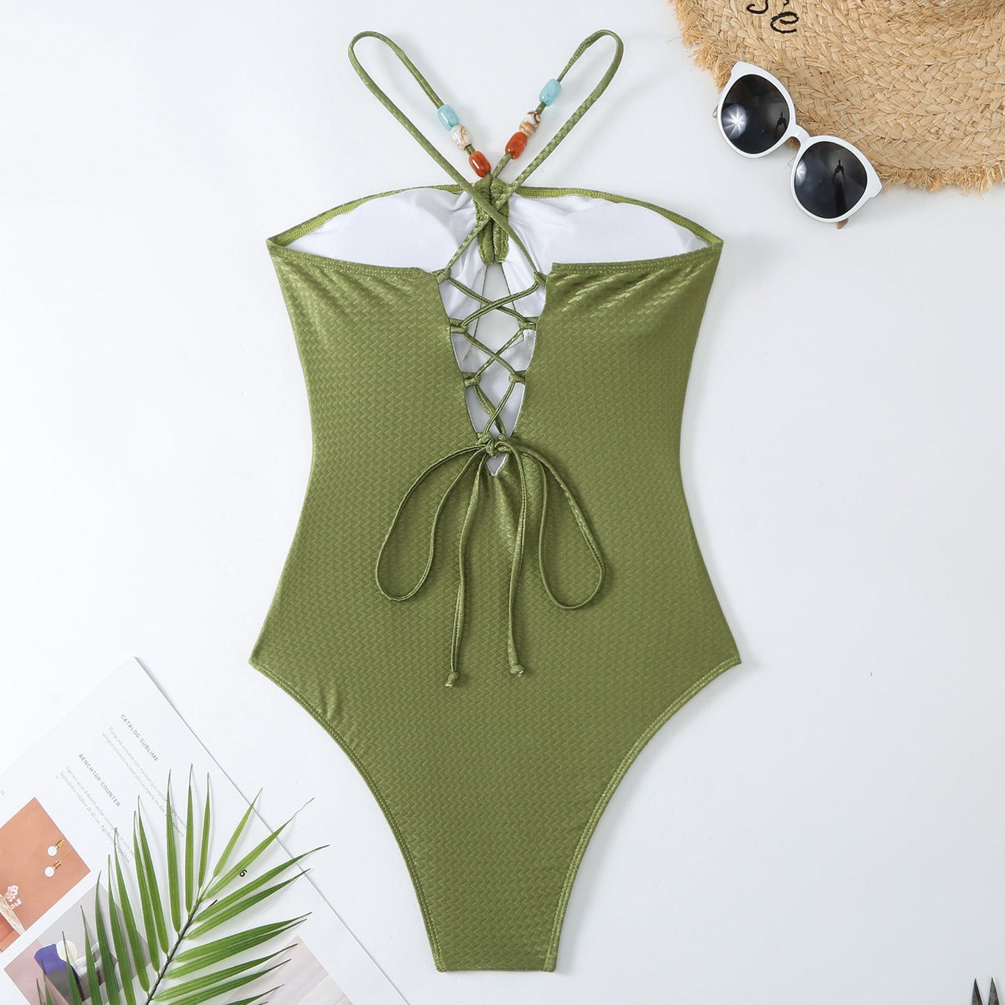 Monokini Back Tieup Solid Color Swimsuit with Floral Sarong By