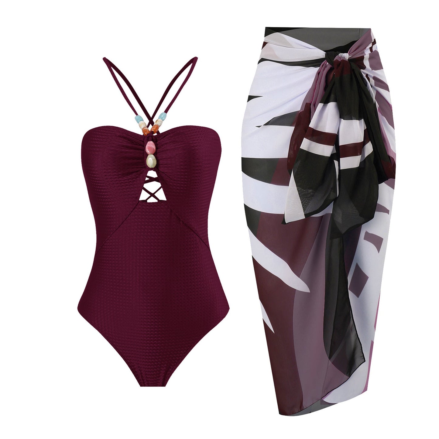 Monokini Back Tieup Solid Color Swimsuit with Floral Sarong By