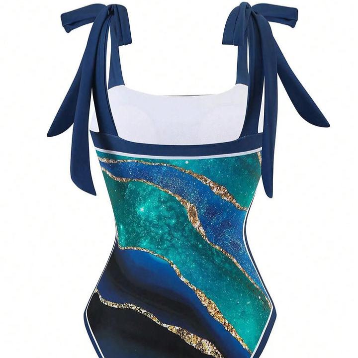 Monokini Galaxy Print Tie Up Swimsuit With Wrap Around Tie Up Sarong Skirt By