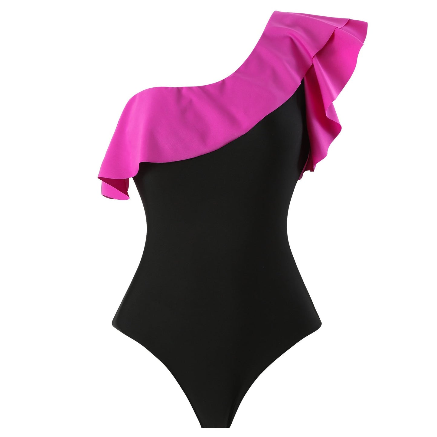 Monokini One Shoulder Black and Pink Swimsuit With Coverup Skirt By