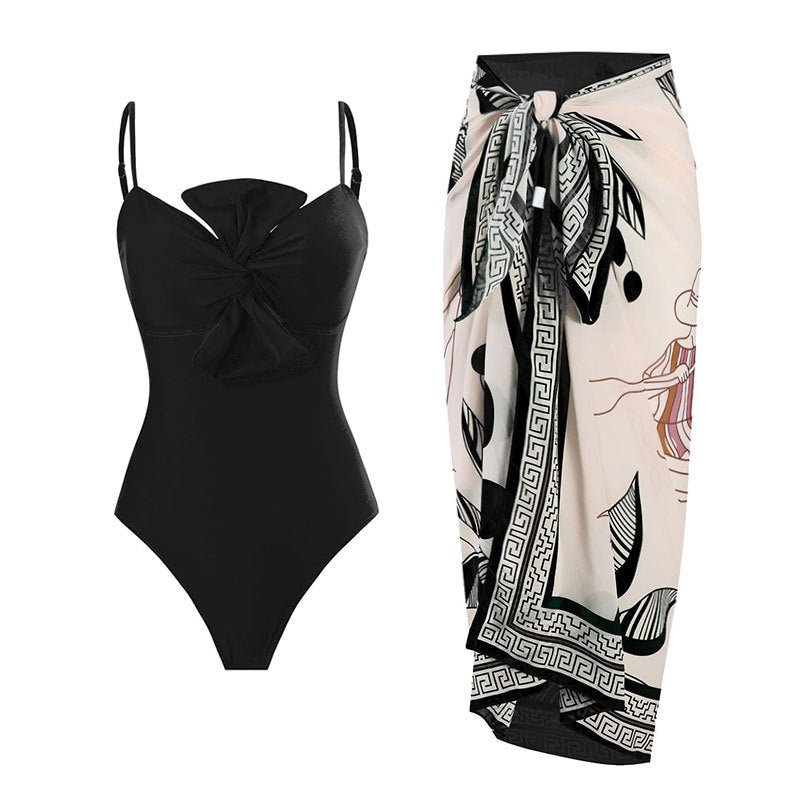 Monokini Solid Color Swimsuit with Floral Sarong By