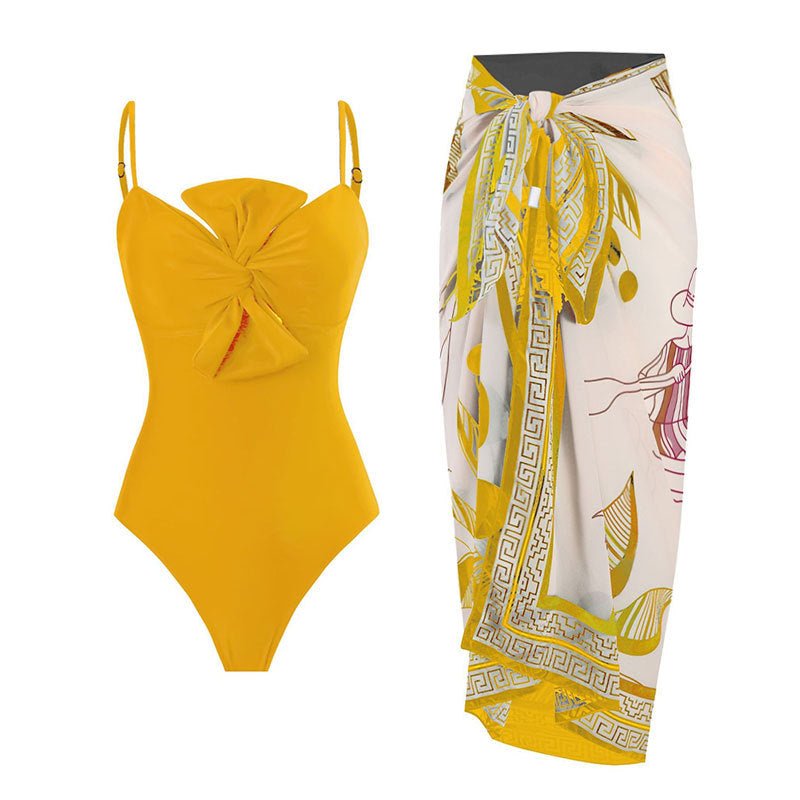 Monokini Solid Color Swimsuit with Floral Sarong By