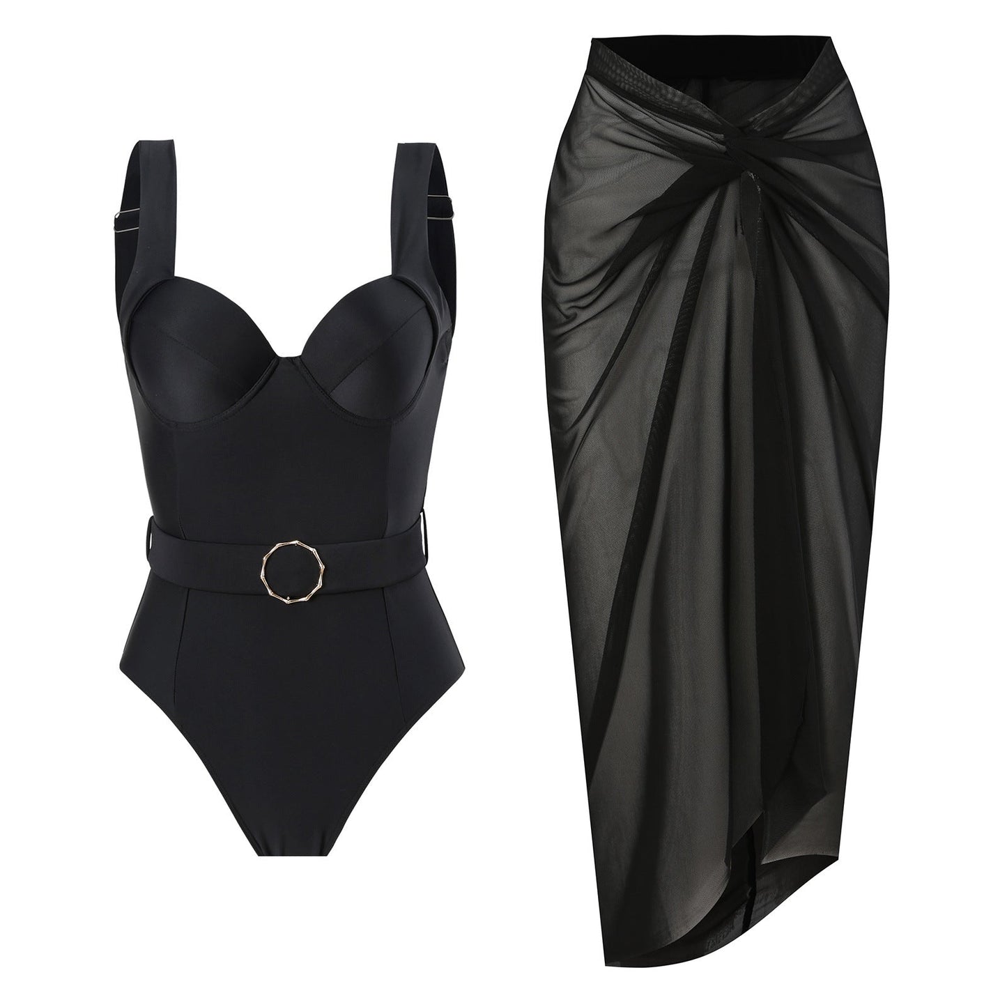 One Peice Solid Color Swimwear with Sarong By