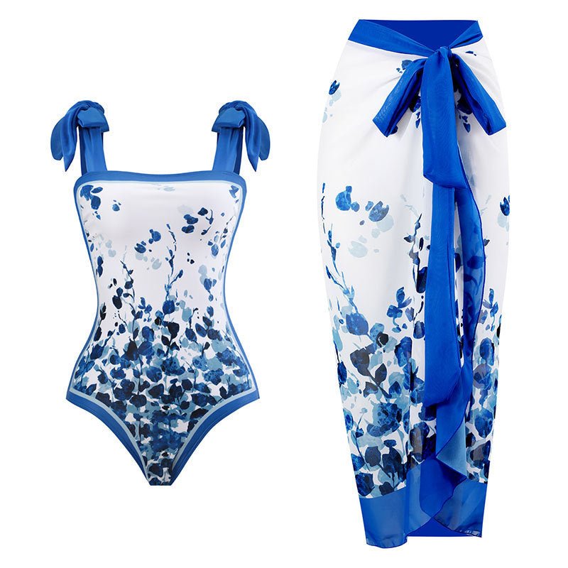 One Piece Blue Petals Tie Up Swimsuit With Wrap Around Tie Up Sarong Skirt By