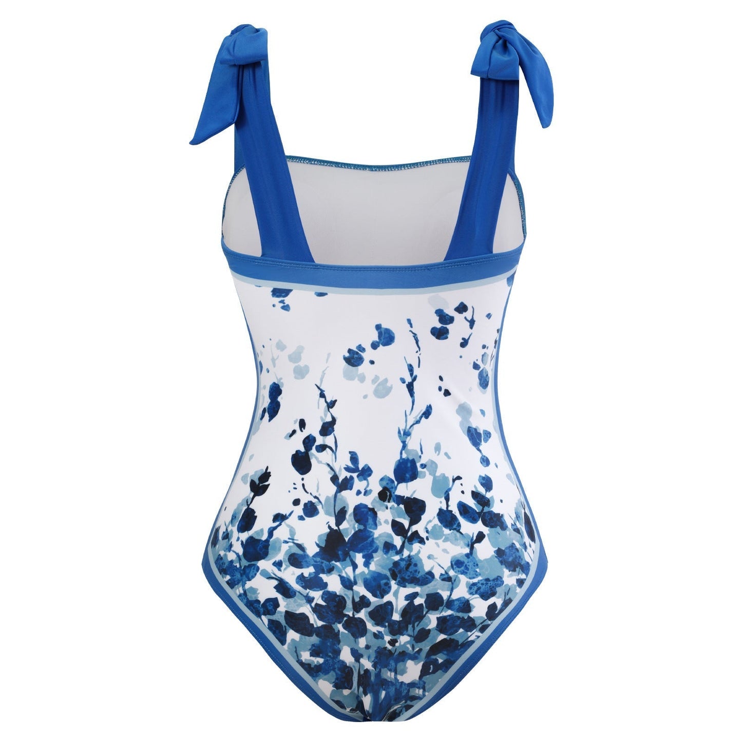 One Piece Blue Petals Tie Up Swimsuit With Wrap Around Tie Up Sarong Skirt By