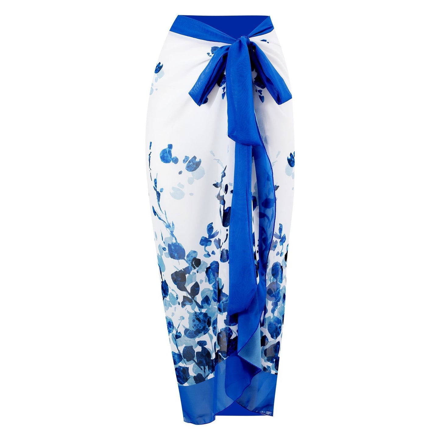 One Piece Blue Petals Tie Up Swimsuit With Wrap Around Tie Up Sarong Skirt By