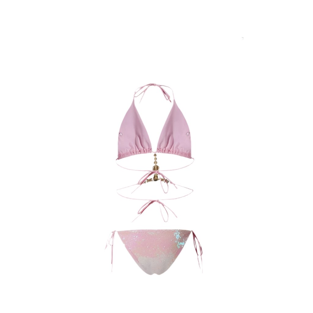 Pink Glitter Embellished Two Piece Swimwear With Coverup By