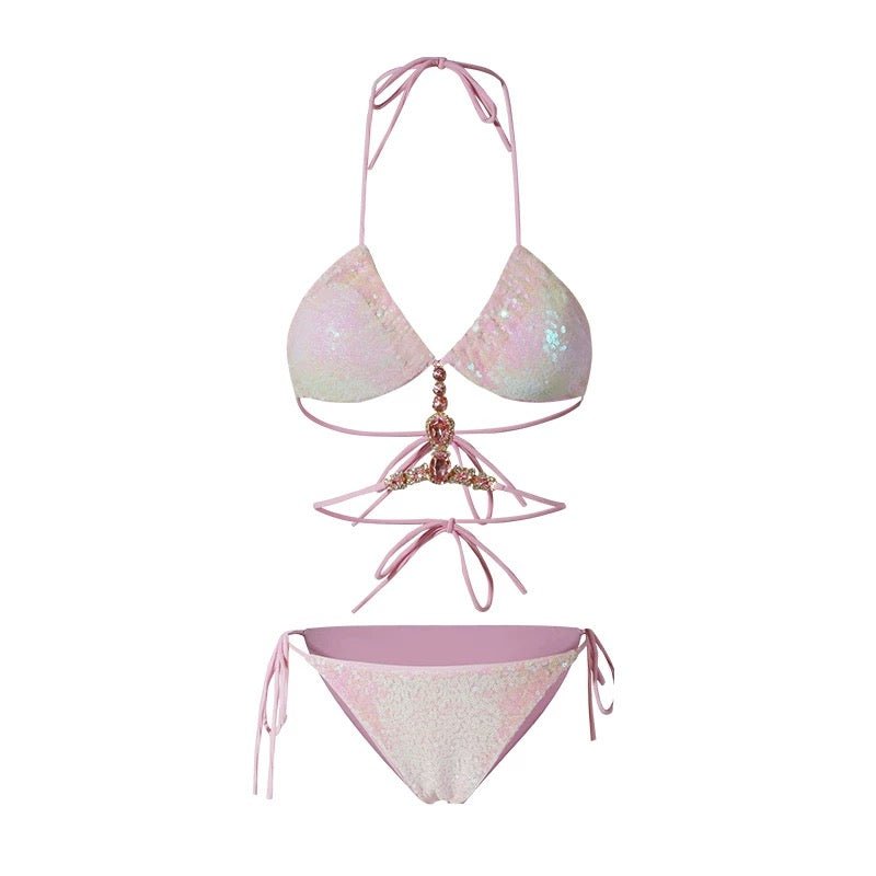 Pink Glitter Embellished Two Piece Swimwear With Coverup By