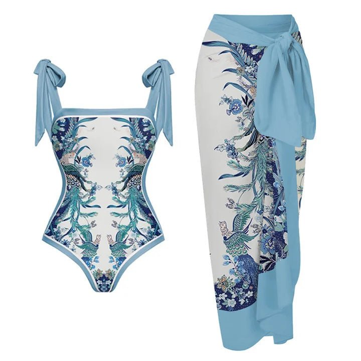 Reversible One Piece Tie Up Swimsuit With Wrap Around Tie Up Sarong Skirt - Three Piece Swimsuit By