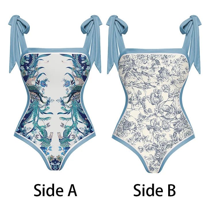 Reversible One Piece Tie Up Swimsuit With Wrap Around Tie Up Sarong Skirt - Three Piece Swimsuit By