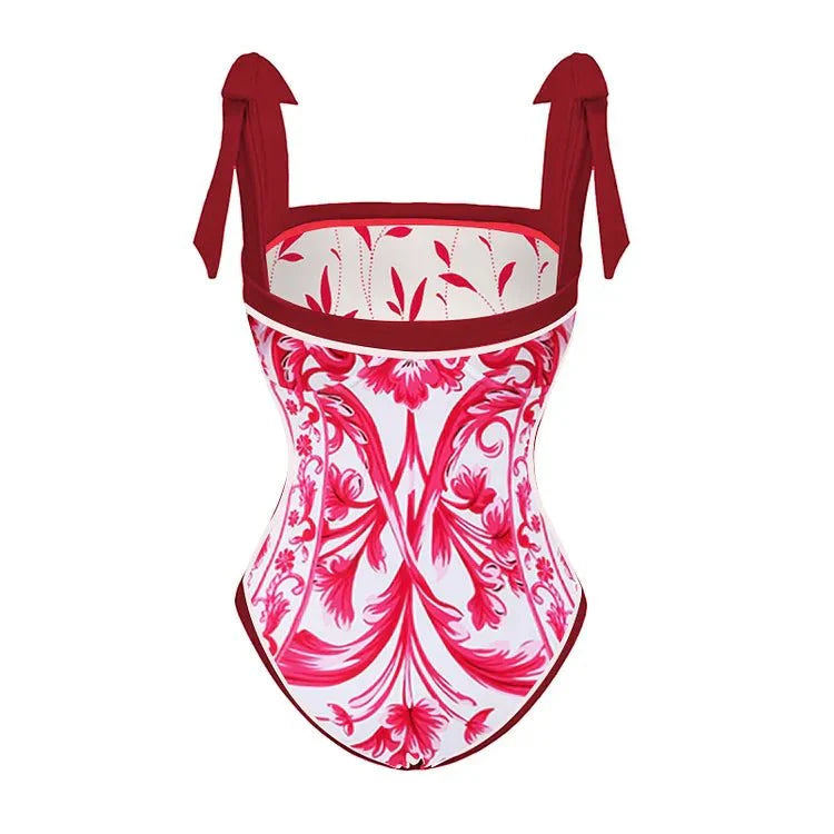 Reversible Red Pink One Piece Tie Up Swimsuit With Floral Skirt By
