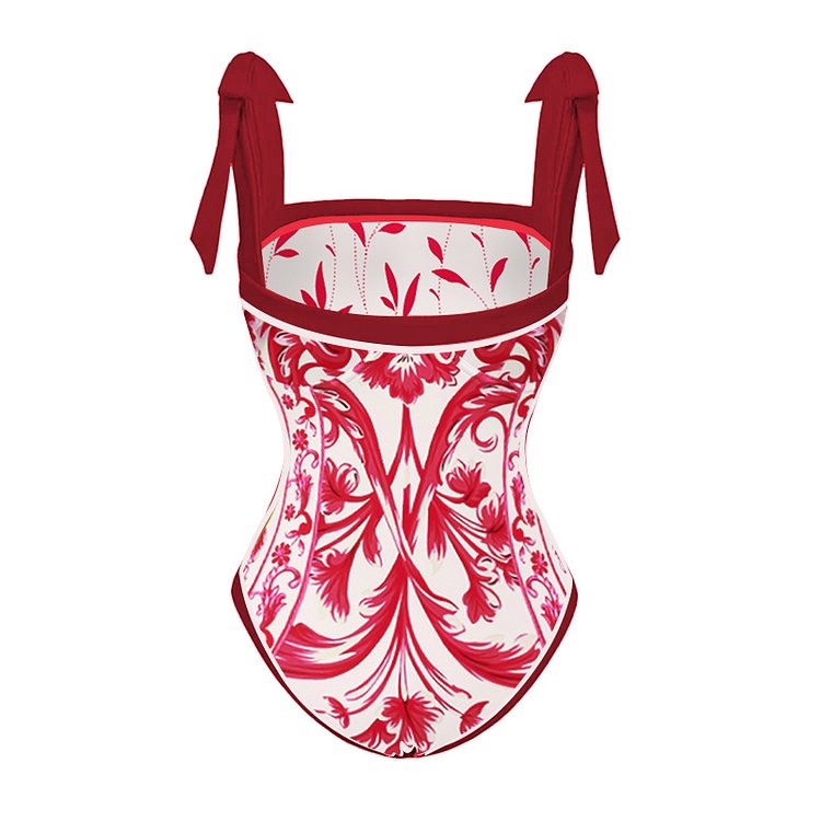 Reversible Red Pink One Piece Tie Up Swimsuit With Pants By