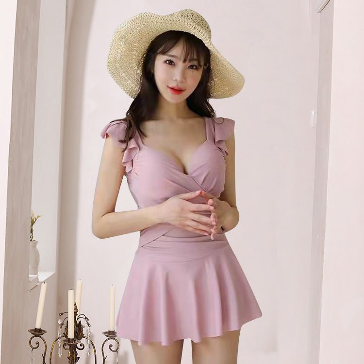 Solid Color Flare Swim Dress With Mesh Waist By