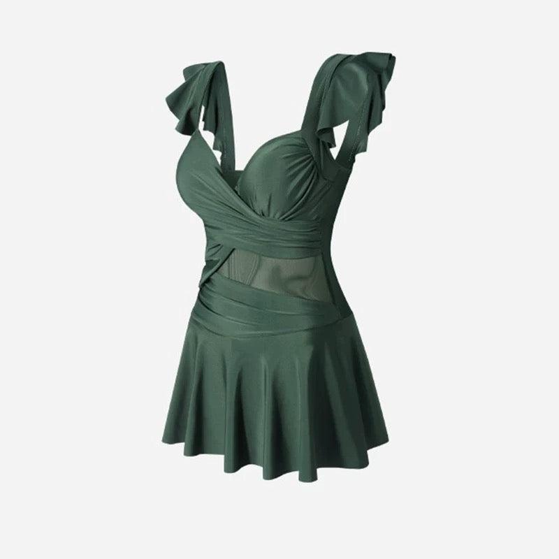 Solid Color Flare Swim Dress With Mesh Waist By